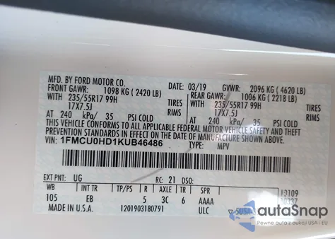 2019 Ford Escape Sel из США, поврежденный, VIN 1FMCU0HD1KUB46486